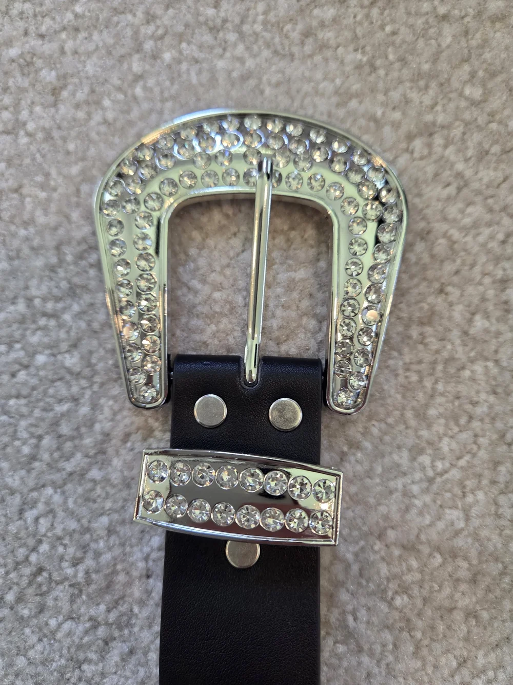 Rhinestone Western-Style Black Belt with Silver Buckle